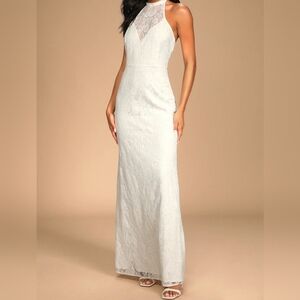 White Lace Backless Halter Maxi Dress XL